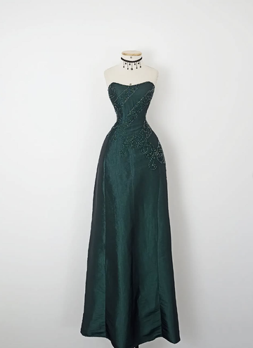 Vintage A Line Sweetheart Neck Green Beaded Satin Long Evening Dress Party Dress HZ1023